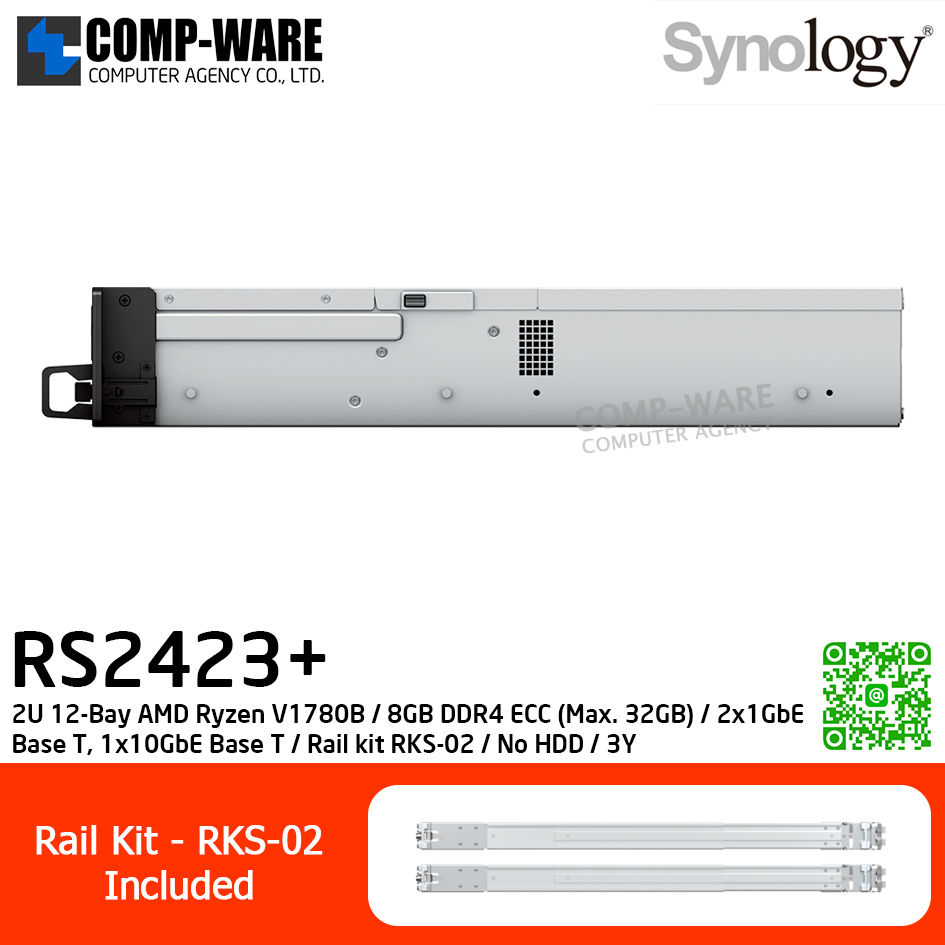 Synology RackStation (2U 12-Bay) RS2423+ / AMD Ryzen V1780B / 8GB DDR4 ECC (Max. 32GB) / 2x1GbE Base T, 1x10GbE Base T / Rail kit RKS-02 / No HDD / 3Y Warranty