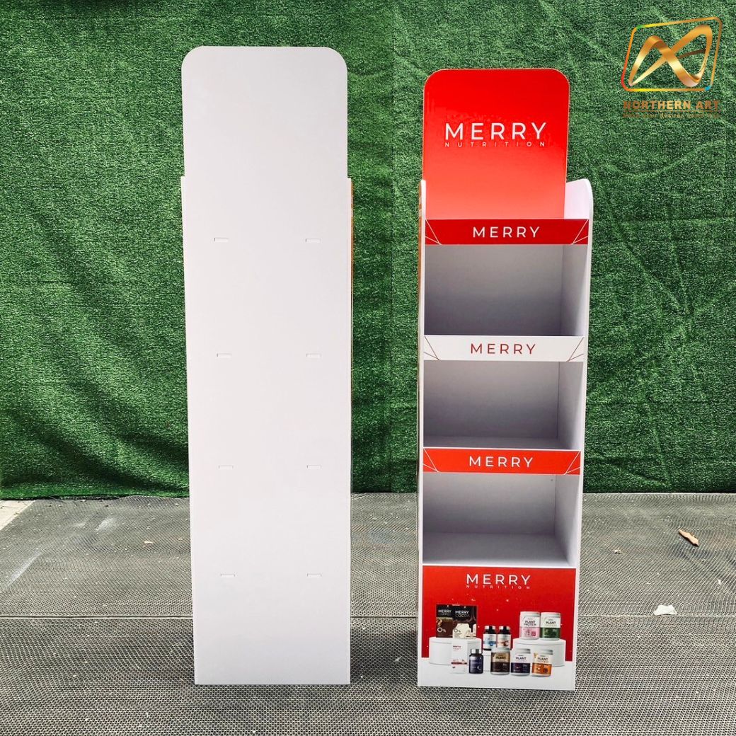 ชั้นวางสินค้าพลาสวูด 4 ชั้น ขนาด (W)36.5 x (D)25 x (H)145 ซม. พลาสวูดหนา 8 มม.พร้อมงานพิมพ์สติ๊กเกอร์