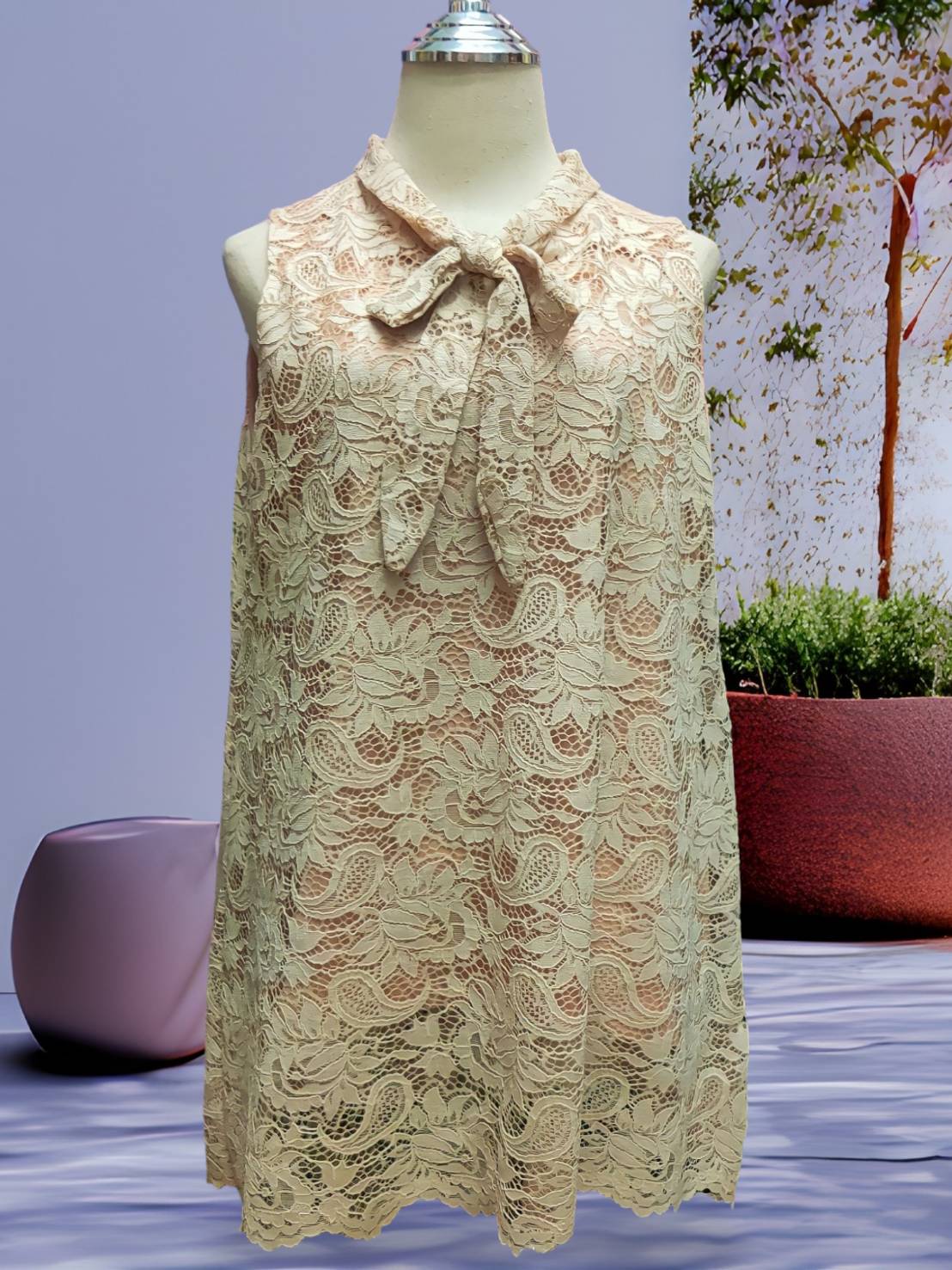 NNandNN Shop 3 0026 เสื้อลูกไม้คอผูกโบว์ แขนกุด หลายสี XL