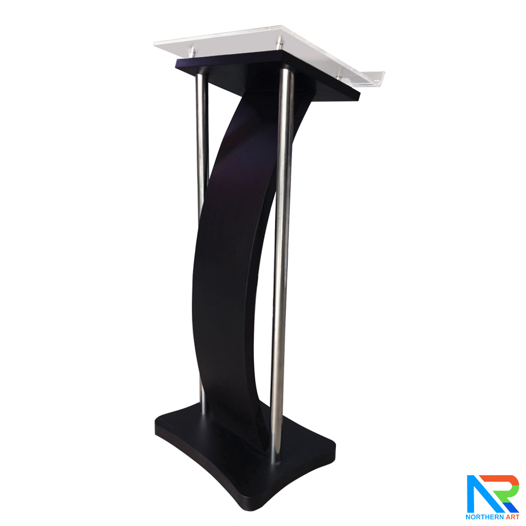 โพเดียมไม้ สีดำ ขนาด (W) 41 x (L) 50 x (H) 120 cm. พร้อมเสาสแตนเลสคู่ TOP เอียง อะคริลิคใส ติดหมุด