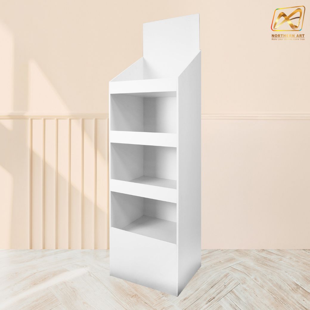 ชั้นวางสินค้าพลาสวูด 4 ชั้น ขนาด (W)36.5 x (D)35 x (W)135 ซม. พลาสวูดหนา 8 มม.พร้อมงานพิมพ์สติ๊กเกอร์