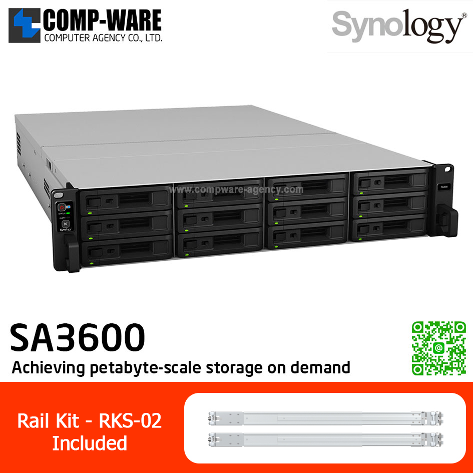 Synology RackStation (2U 12-Bay) SA3600 (16GB ECC RAM up to 128GB) Intel Xeon D-1567 12-Core ,with Rail Kit RKS-02 / No HDD
