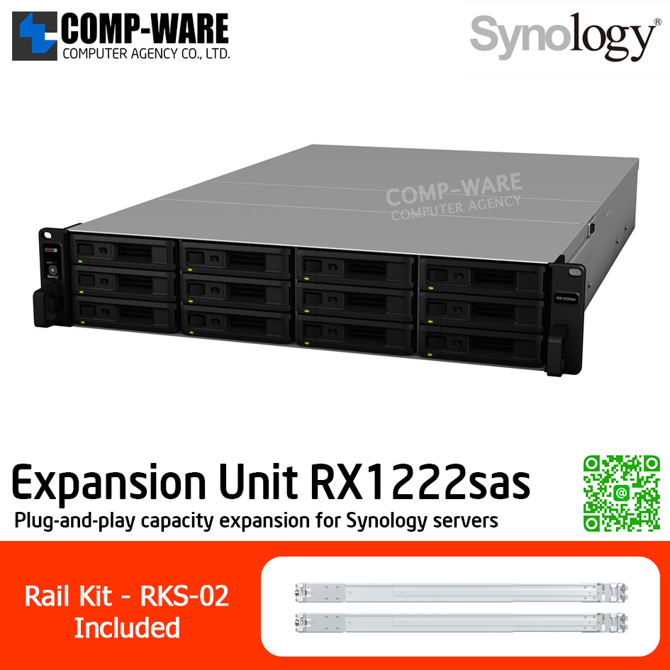 Synology Expansion Unit (2U 12-Bay) RX1222sas / Rail Kit RKS-02 / No HDD / 5 Year Warranty