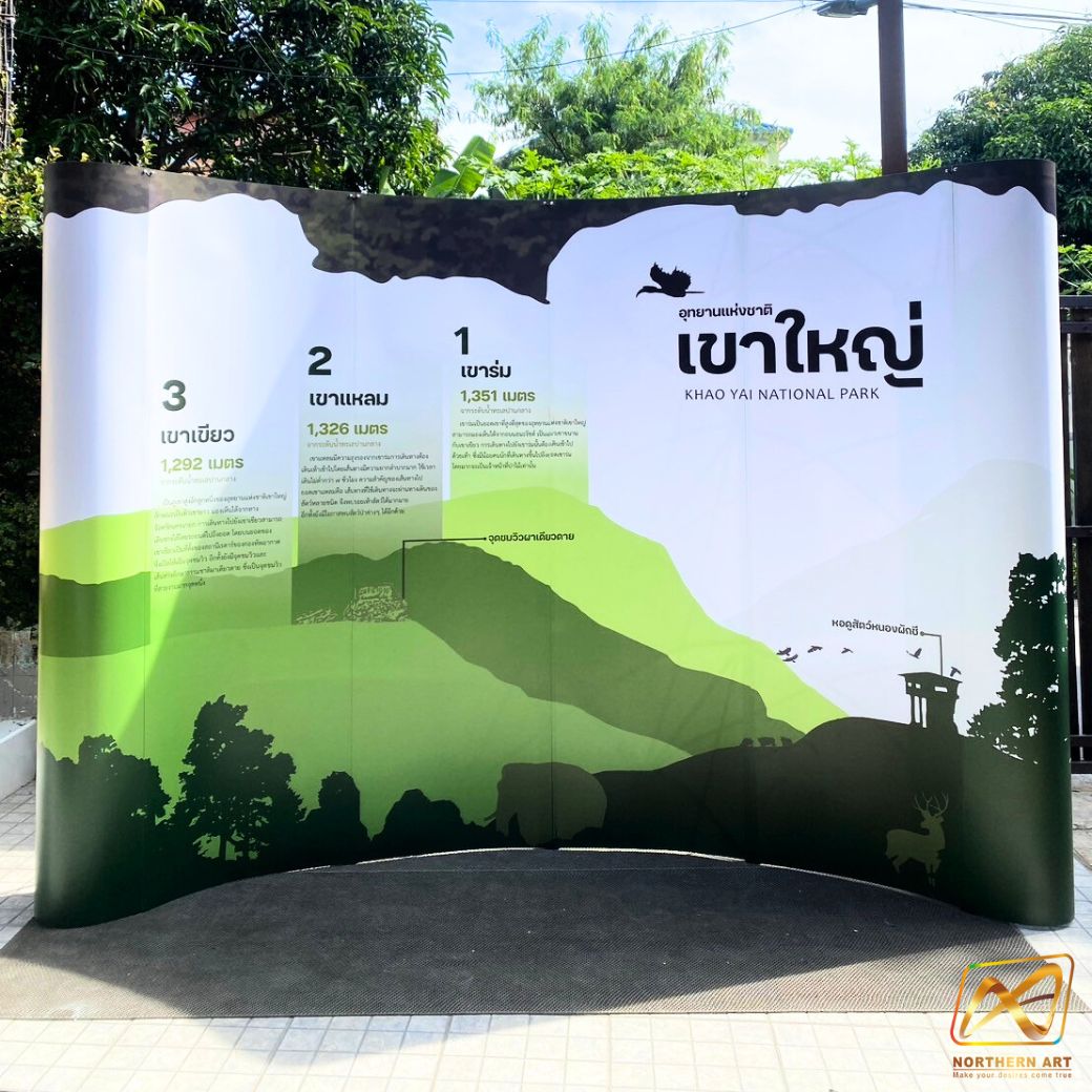 BACK DROP ฉากแบคดรอป รุ่นมน แบบโค้ง โครงอะลูมิเนียม ถอดประกอบได้ พร้อมงานพิมพ์ +โคมไฟ 2 ชุด และกระเป๋าล้อลาก 1 ใบ