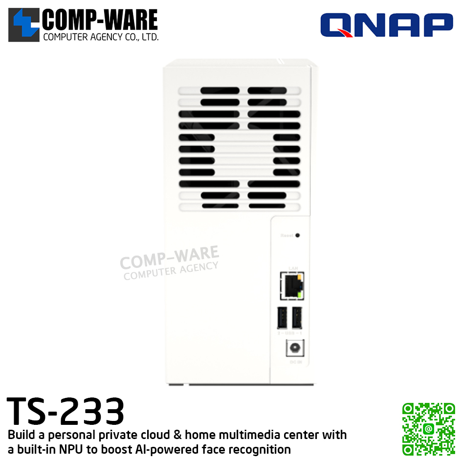 QNAP (Tower 2-Bay) TS-233 / ARM 2.0GHz (4Core) / 2GB DDR4 / 2 x 2.5" & 3.5" SATA 6Gb/s / 1 x GbE / Adapter Power / 2Y Warranty / No HDD / 2Y Warranty
