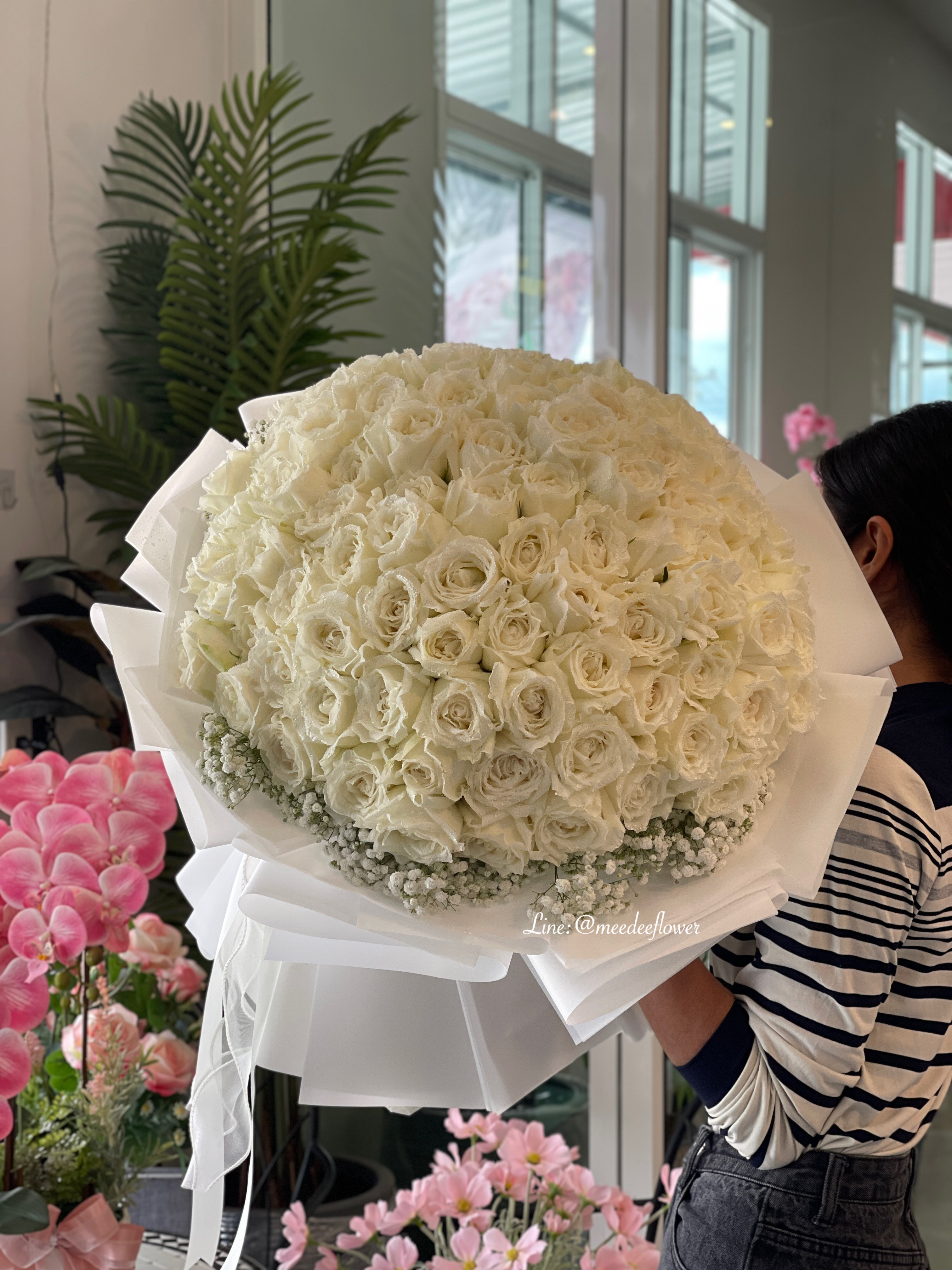 ช่อดอกกุหลาบสีขาว 100 ดอก ช่อกุหลาบขาวตั้งได้