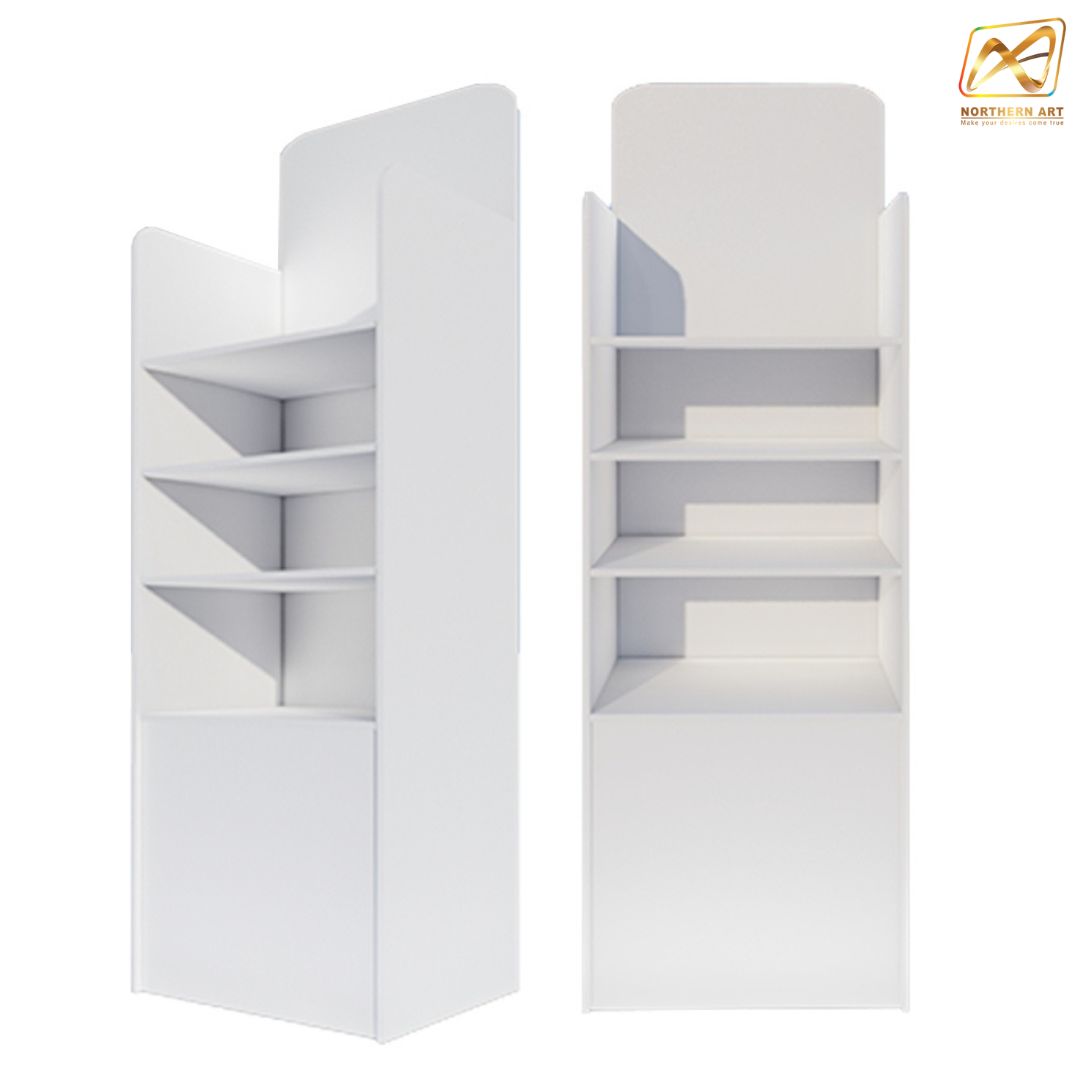 ชั้นวางสินค้าพลาสวูด 4 ชั้น ขนาด(W)45 x (D)35 x (H)135 ซม.พร้อมงานพิมพ์ พลาสวูดหนา 8 มม. สั่งผลิตตามแบบ