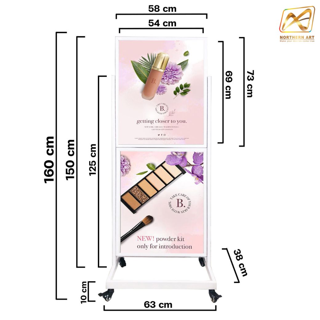 ป้ายตั้งพื้นเหล็ก กรอบคู่ สีขาว มีล้อ (W) 58 × (L) 73 x (H) 160 cm. สอดงานด้านบน โชว์ภาพ2ด้าน ถอดประกอบได้