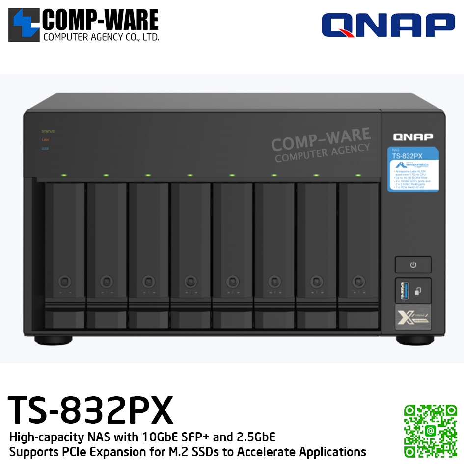QNAP (Tower 8-Bay) TS-832PX-4G / Annapurna Labs Alpine AL324 (4Core) / 4GB DDR4 SODIMM / 8 x 2.5"/3.5" SATA 6Gbps / 2 x 10GbE SFP + LAN + 2 x 2.5GbE / Single PSU / 2Y Warranty / No HDD