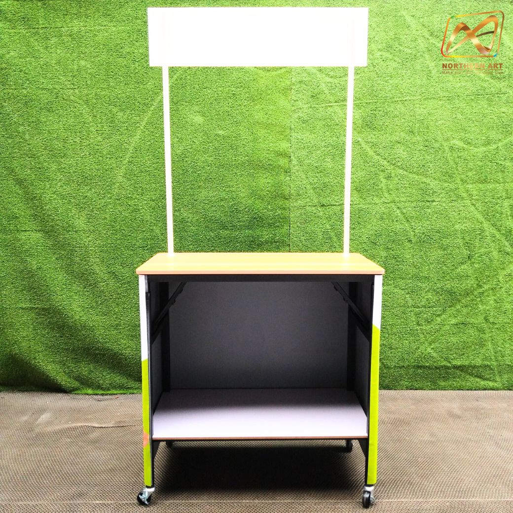 โต๊ะชงชิม TOPไม้ พร้อมล้อ ขนาด (W)80 X (D)40 X (H)170 cm. โครงเหล็กพับได้ มีชั้นวางของ แข็งแรง รับน้ำหนักได้ดี