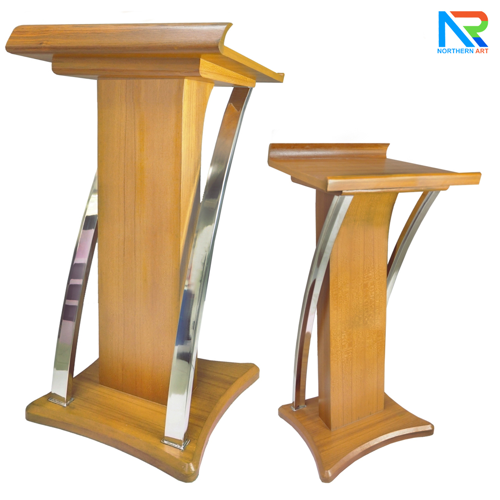 โพเดียมไม้ สีสัก ตกแต่งสแตนเลสเกรด304 ขนาด (W) 55 x (L) 50 x (H) 120 cm.