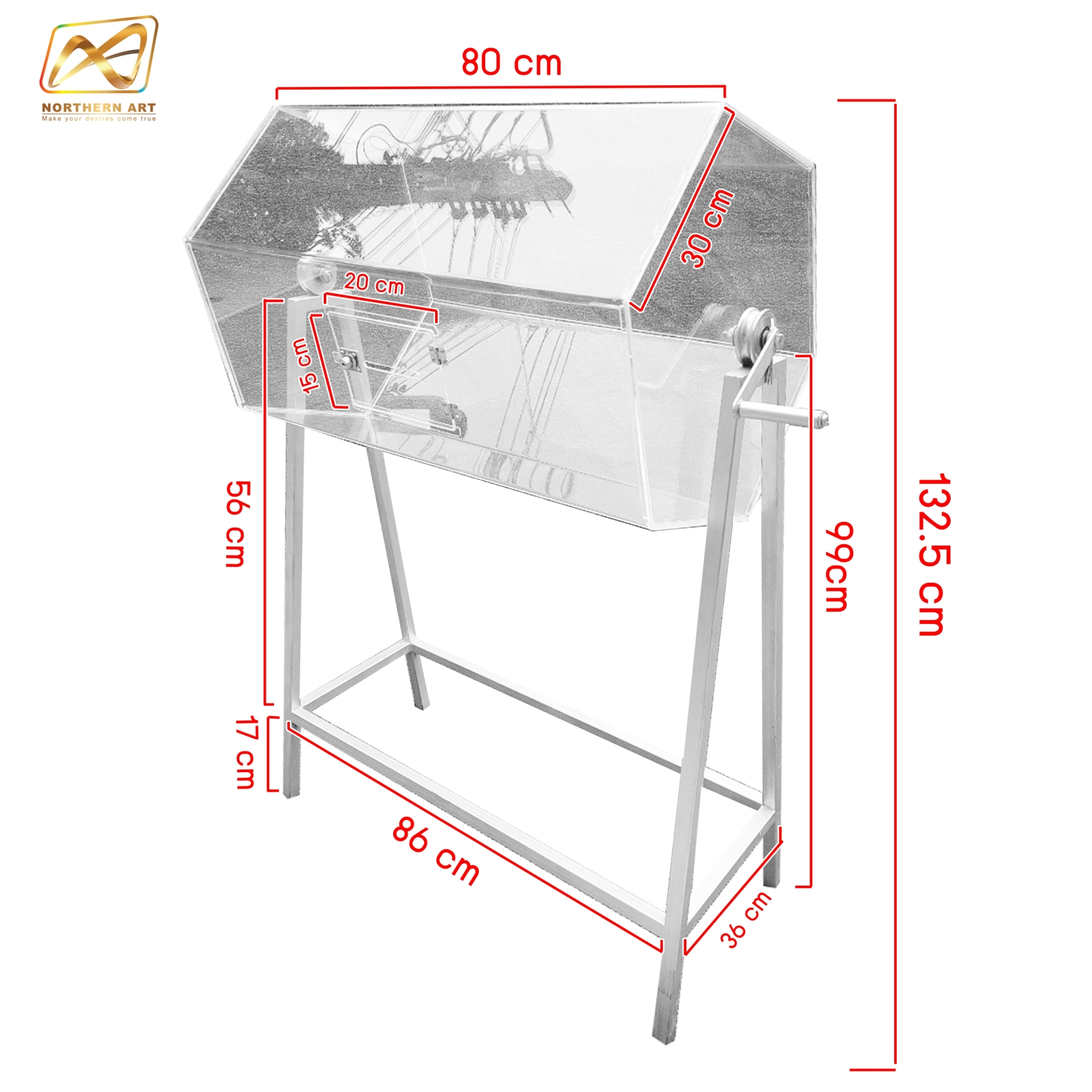 กล่องอะคริลิคจับรางวัล ตั้งพื้น หมุนได้360 องศา ขนาดกล่อง (W) 80 x (D) 58 x (H) 132.5 cm. ฝาเปิดพร้อมกุญแจล็อค