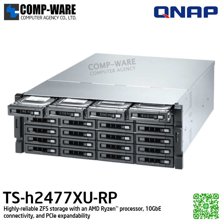 QNAP (4U 24-Bay) TS-h2477XU-RP-3700X-32G / AMD Ryzen 7 3700X (8C/16T) / 32GB (2 x 16 GB) DDR4 UDIMM / 24 x 2.5"/3.5" SATA 6Gbps / 2 x GigaLan, 2 x 10GbE SFP+ / 800W Redundant PSU / 3Y Warranty / No HDD / Rail kit RAIL-A02-90