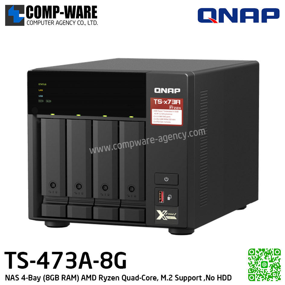 QNAP NAS (4-Bay) TS-473A (8GB RAM up to 64GB) AMD Ryzen V1500B Quad-Core, M.2 Dual-Slot Support ,No HDD / TS-473A-8G / 3Y Warranty