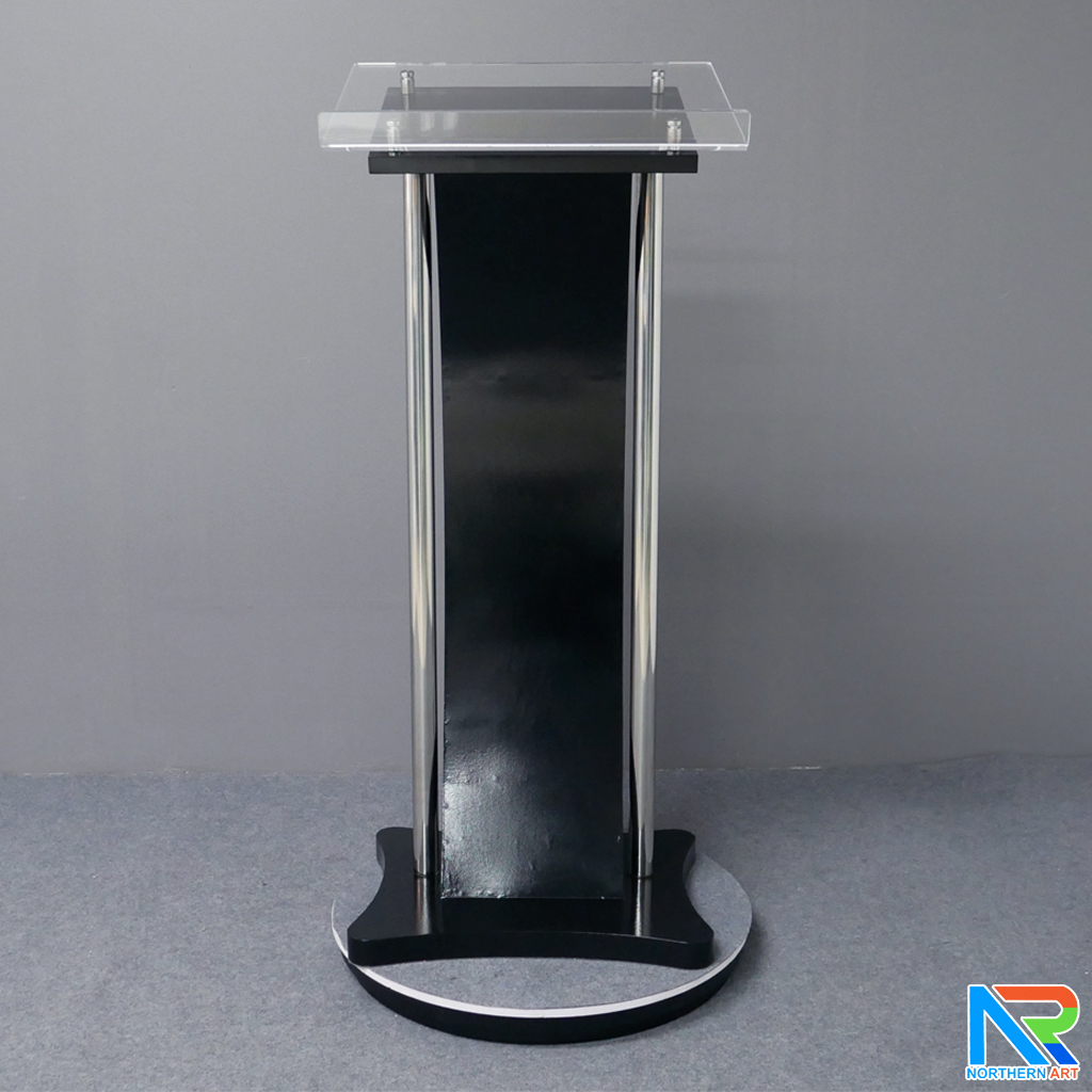 โพเดียมไม้ สีดำ ขนาด (W) 41 x (L) 50 x (H) 120 cm. พร้อมเสาสแตนเลสคู่ TOP เอียง อะคริลิคใส ติดหมุด