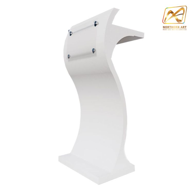 โพเดียมไม้ สีขาว ทรง S Shape Podium พร้อมอะคริลิคติดหมุดด้านหน้า สำหรับติดโลโก้