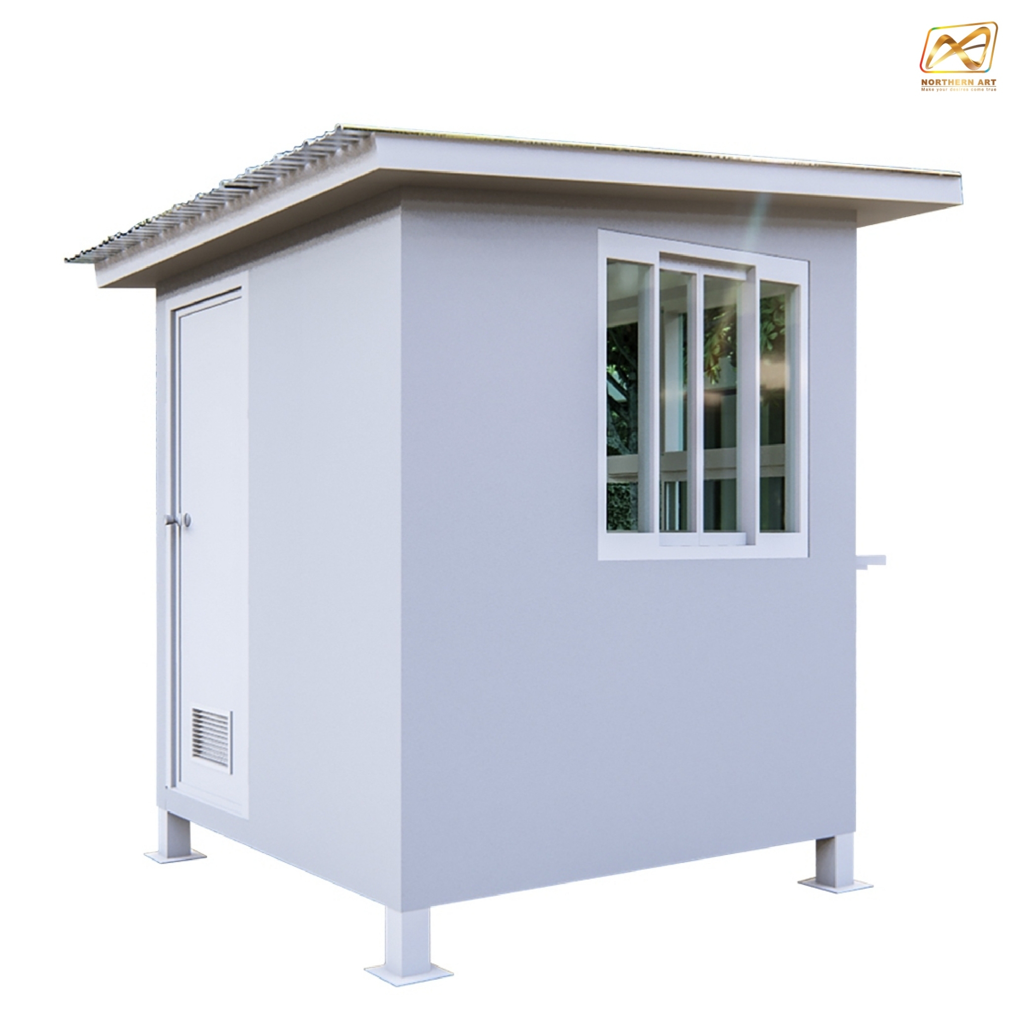 ป้อมยามสำเร็จรูป หุ้มเสา ขนาด (W)2.00 x (L)2.00 x (H)2.60 ม. โครงเหล็ก กรุแผ่นสมาร์ทบอร์ด บานหน้าต่างอลูมิเนียม