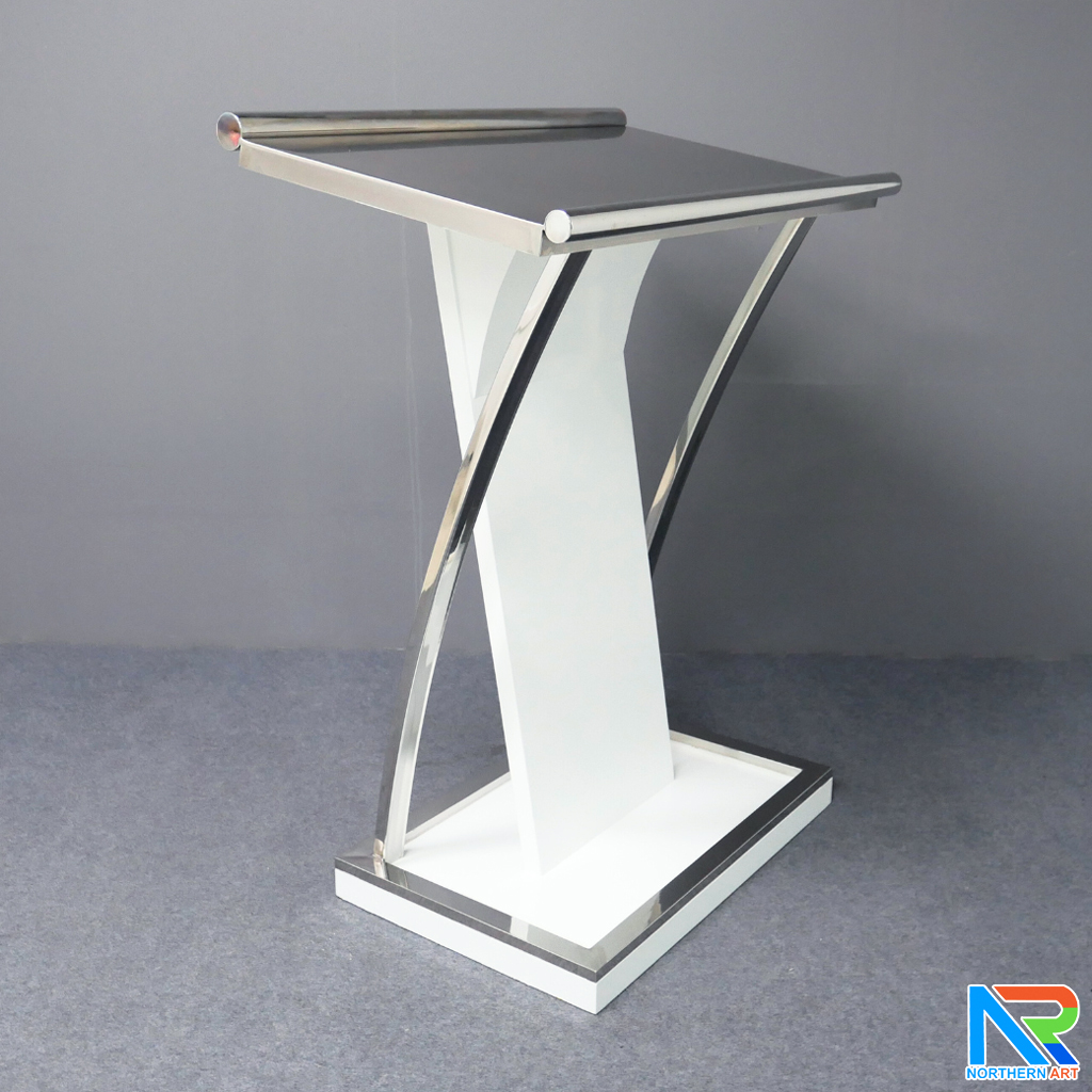 โพเดียมไม้ ยืนคู่ สีขาว ขนาด (W) 90x (L) 59 x (H) 120 cm.Topและฐาน หุ้มสแตนเลสเกรด304