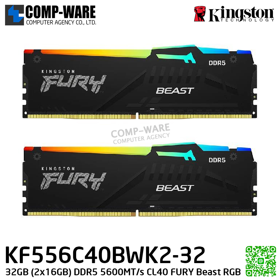 Kingston KF556C40BWK2-32 32GB (2x16GB) DDR5 5600MT/s CL40 FURY Beast RGB - Lifetime Warranty - Memory Module - RAM