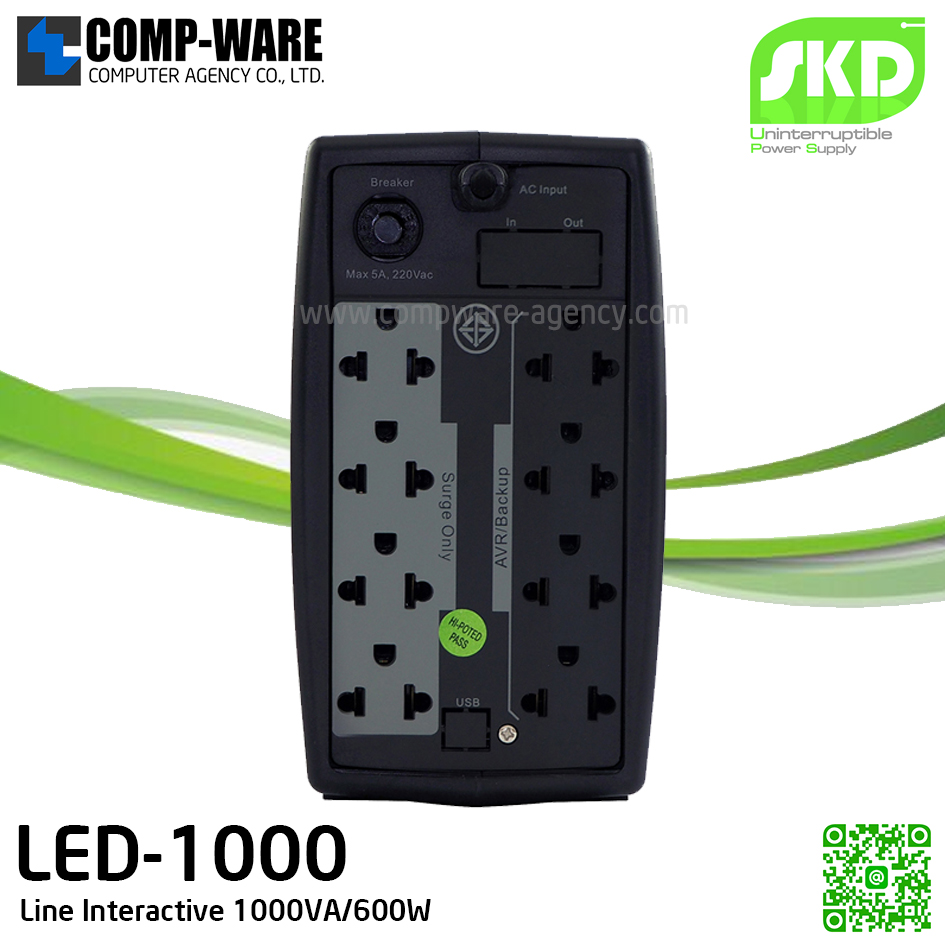 SKD UPS LED-1000 1000VA/600W, Batt 12V9.6Ah*1, Hot-swap Battery, Backup time 15-45min, Line Interactive รับประกัน 2ปี
