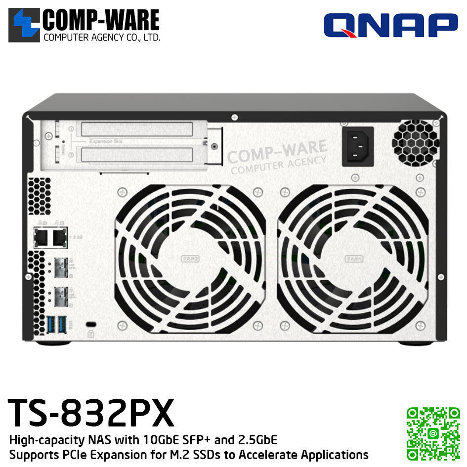 QNAP (Tower 8-Bay) TS-832PX-4G / Annapurna Labs Alpine AL324 (4Core) / 4GB DDR4 SODIMM / 8 x 2.5"/3.5" SATA 6Gbps / 2 x 10GbE SFP + LAN + 2 x 2.5GbE / Single PSU / 2Y Warranty / No HDD