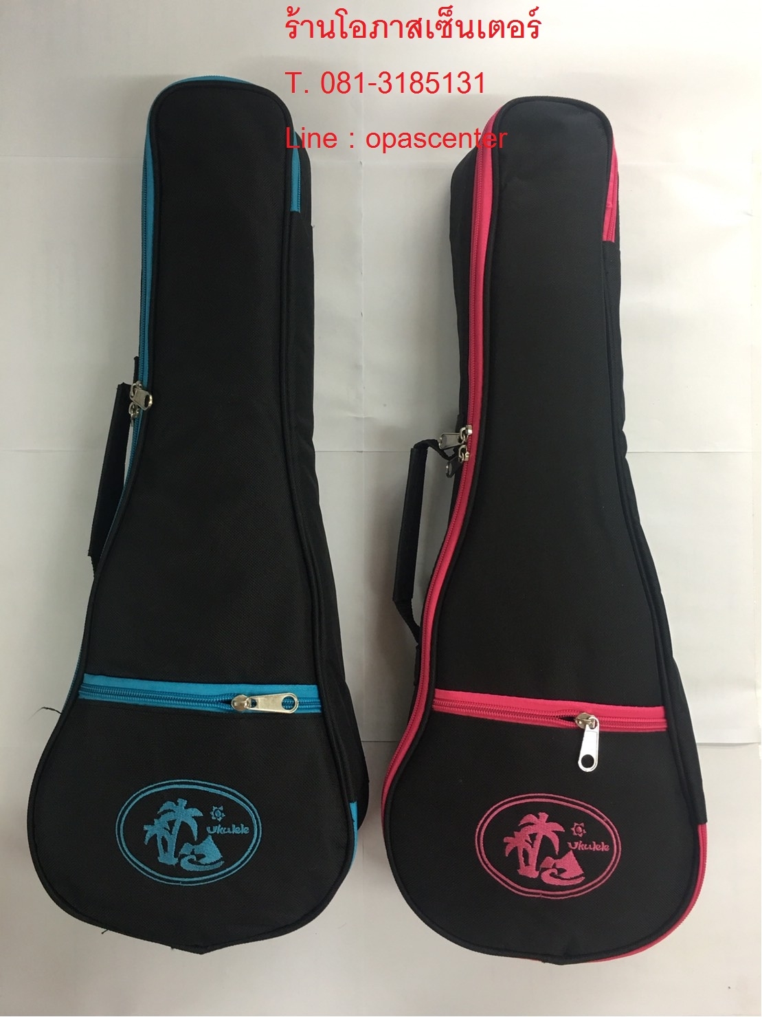 กระเป๋า อคูเลเล่ UKULELE ของใหม่ สีดำขอบสีชมพู ฟ้า ใส่ขนาด Suprano อย่างหนา บุฟองน้ำ มีซิบหน้า และ สายสะพายหลัง