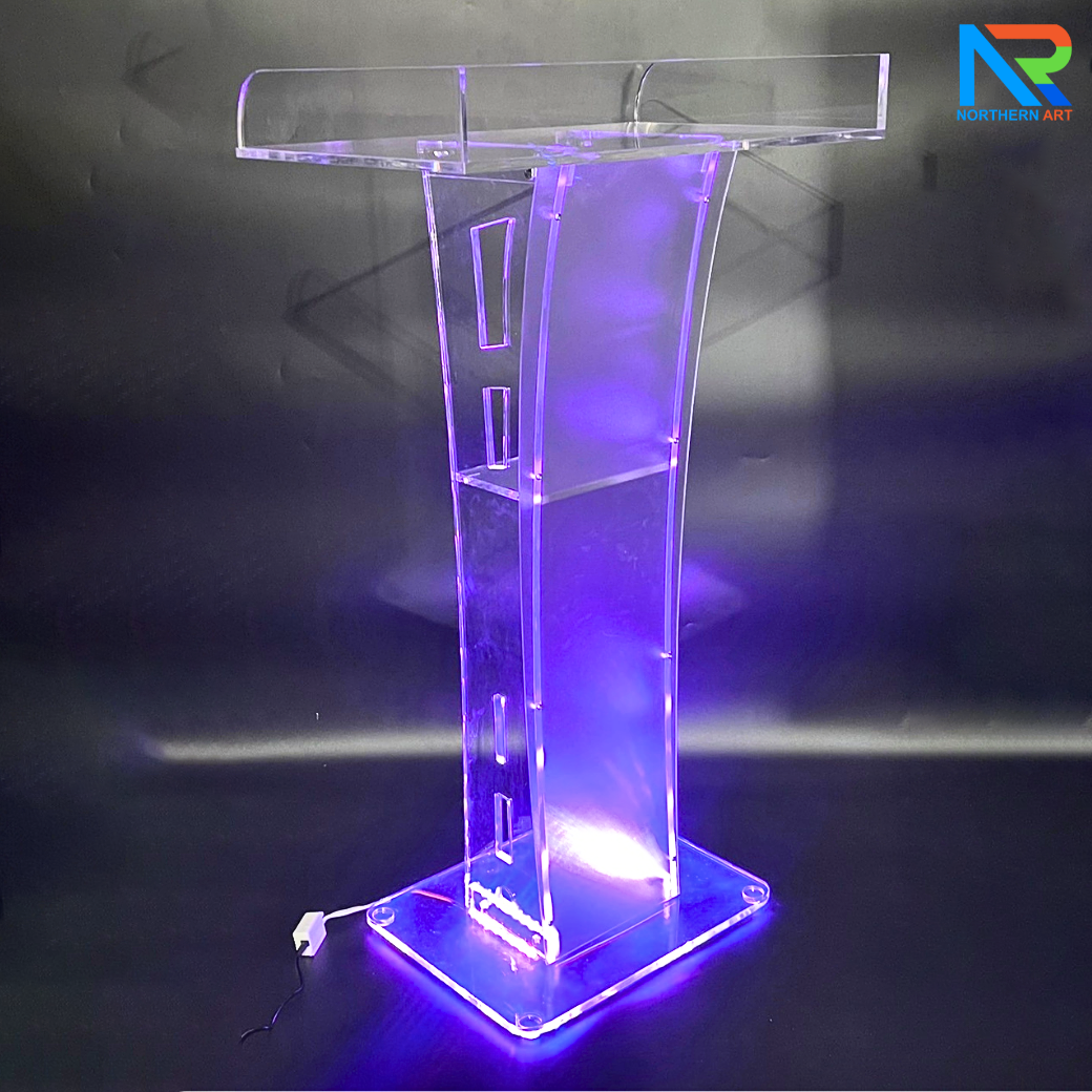 โพเดียมอะคริลิค เรืองแสงไฟ LED พร้อมรีโมทคอนโทรล รุ่น LED-05 ขนาด (W) 60 x (L) 42 x (H) 109 ซม.