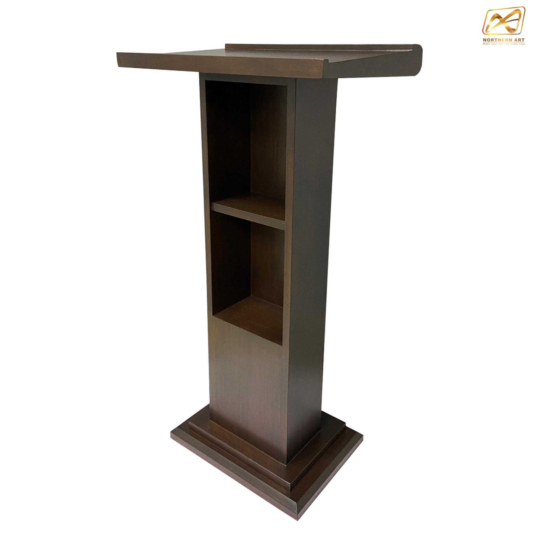 โพเดียมไม้ สีโอ๊ค ทรงโมเดิร์น TOPตรง ขนาด (W)55 x (L)42 x (H)109 cm. พร้อมชั้นวางของ