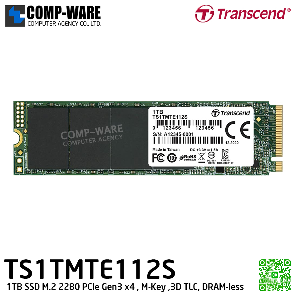 Transcend MTE112S 1TB SSD M.2 2280 PCIe Gen3 x4 , M-Key ,3D TLC, DRAM-less - TS1TMTE112S - 5Y Warranty