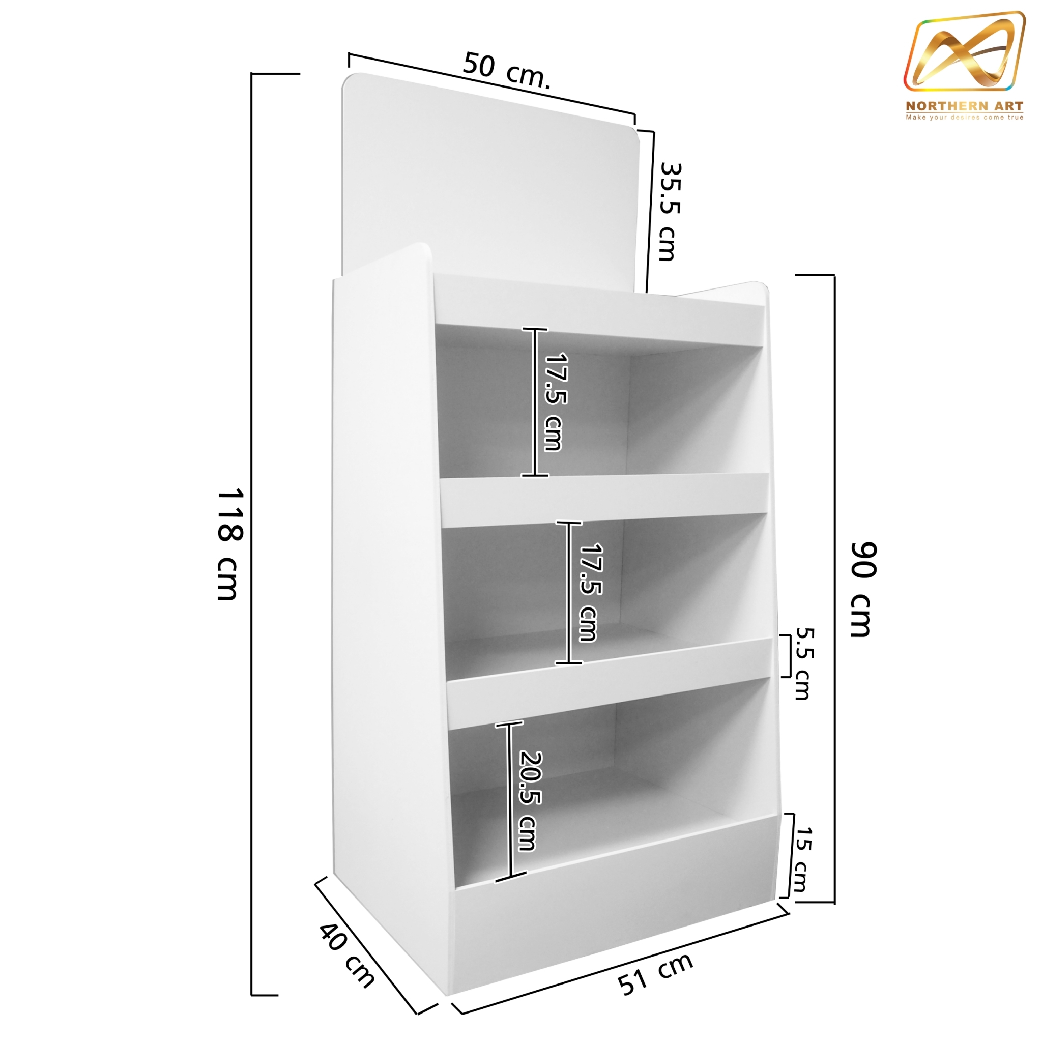 ชั้นวางสินค้าพลาสวูด 4 ชั้น ขนาด (W)50 x (D)40 x (H)118 ซม. พลาสวูดสีหนา 8 มม. พร้อมงานพิมพ์