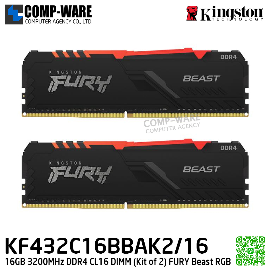 Kingston KF432C16BBAK2/16 16GB 3200MHz DDR4 CL16 DIMM (Kit of 2) FURY Beast RGB - Lifetime Warranty - Memory Module - RAM