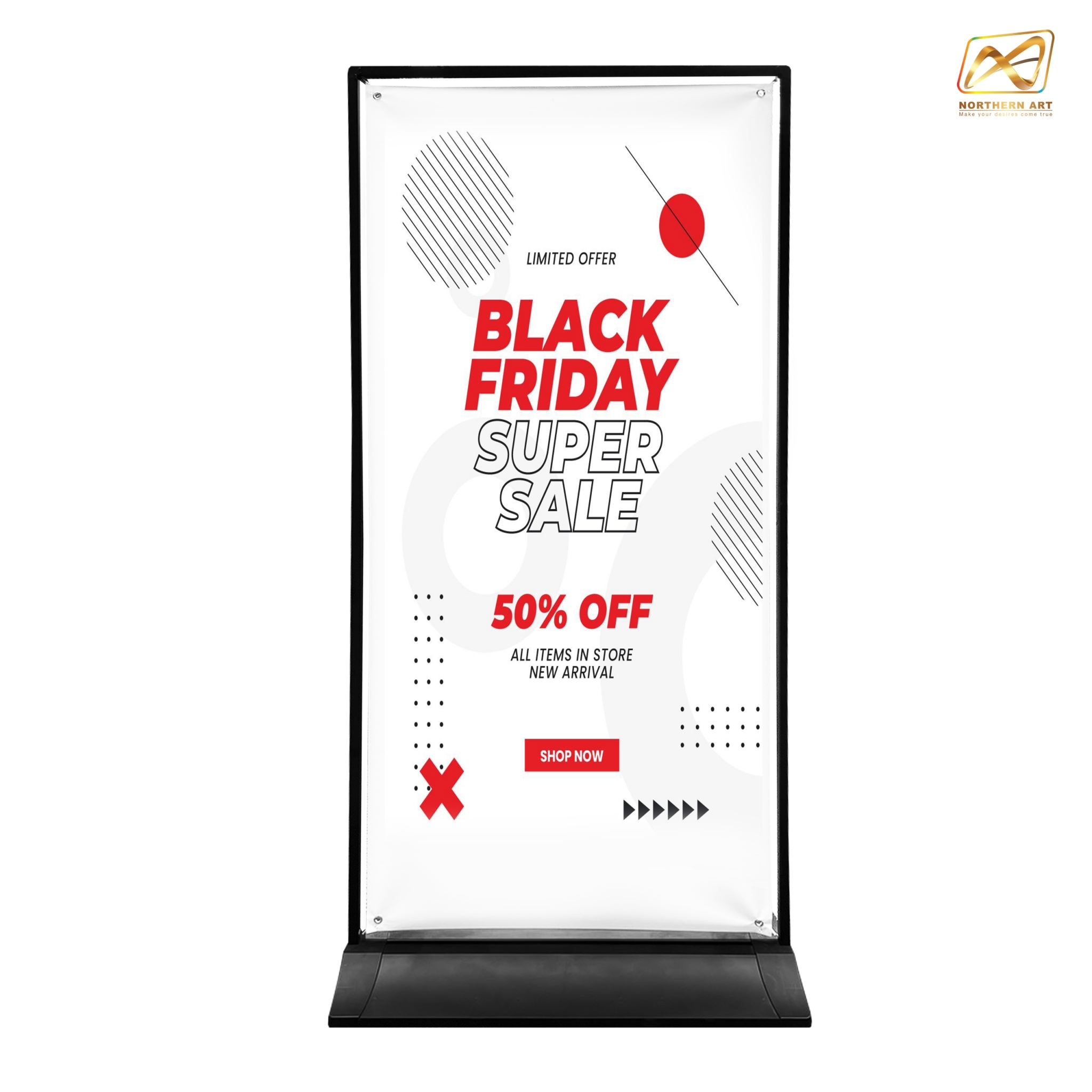 ป้ายตั้งพื้น รุ่นแขวน ฐานพลาสติกขึ้นรูป ขนาด 80x180 ซม. โครงเหล็กสีดำพร้อมขอแขวน 4 มุม ถอดประกอบได้ เคลื่อนย้ายสะดวก