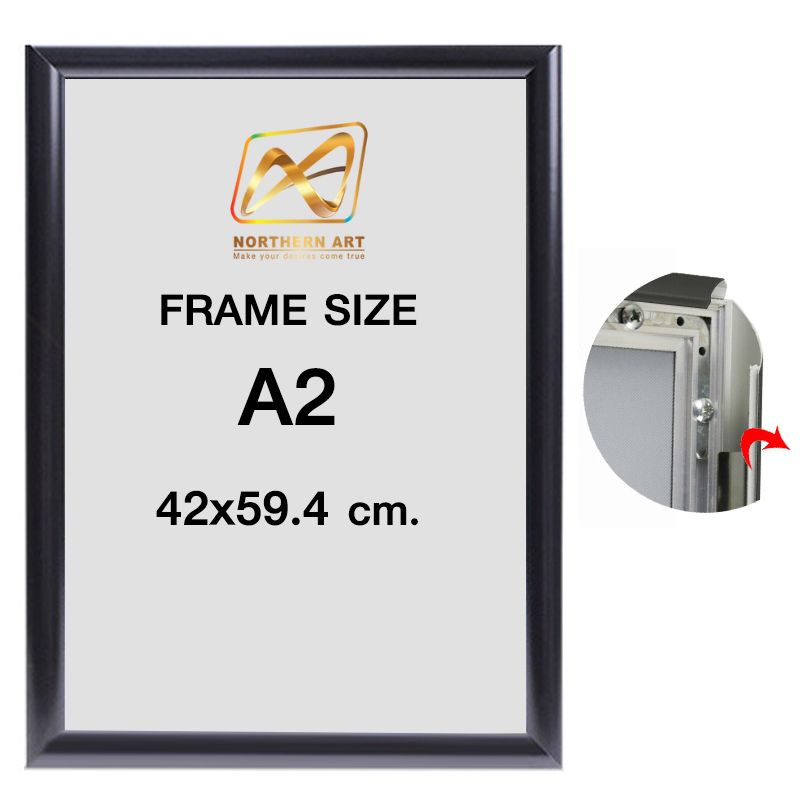 กรอบอะลูมิเนียม รุ่นA สีดำ ปิดทับด้วยแผ่นฟิล์มใส เฟรมเปิดออกได้ทั้ง4ด้าน ใส่งานพิมพ์ได้ง่าย (สั่งผลิตตามขนาดที่ต้องการได้)