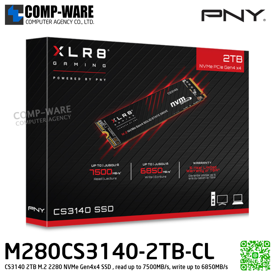 PNY CS3140 2TB M.2 2280 NVMe Gen4x4 SSD , read up to 7500MB/s, write up to 6850MB/s , M280CS3140-2TB-CL / 5Y Warranty / Internal SSD