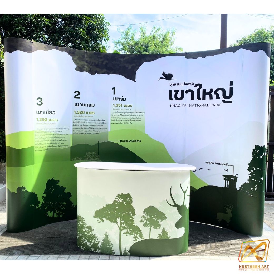 BACK DROP ฉากแบคดรอป รุ่นมน แบบโค้ง โครงอะลูมิเนียม ถอดประกอบได้ พร้อมงานพิมพ์ +โคมไฟ 2 ชุด และกระเป๋าล้อลาก 1 ใบ