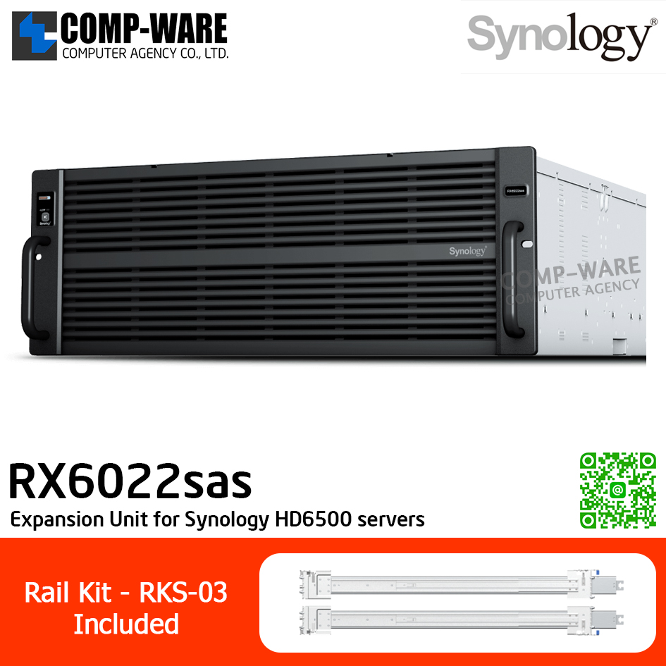 Synology Expansion Unit (4U 60-Bay) RX6022sas / Rail Kit RKS-03 / No HDD / 5 Year Warranty / High-density storage expansion for Synology HD6500 servers
