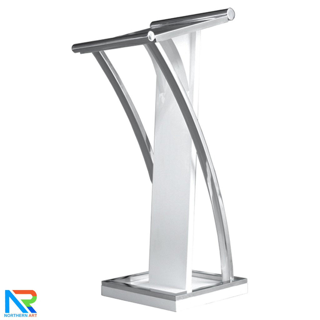 โพเดียมไม้จริง สีขาว PD-01 ขนาด (W) 48x (L) 51 (H) 120 cm Top หุ้มสแตนเลส เกรด 304 พร้อมตกแต่งเสาโค้งสแตนเลส