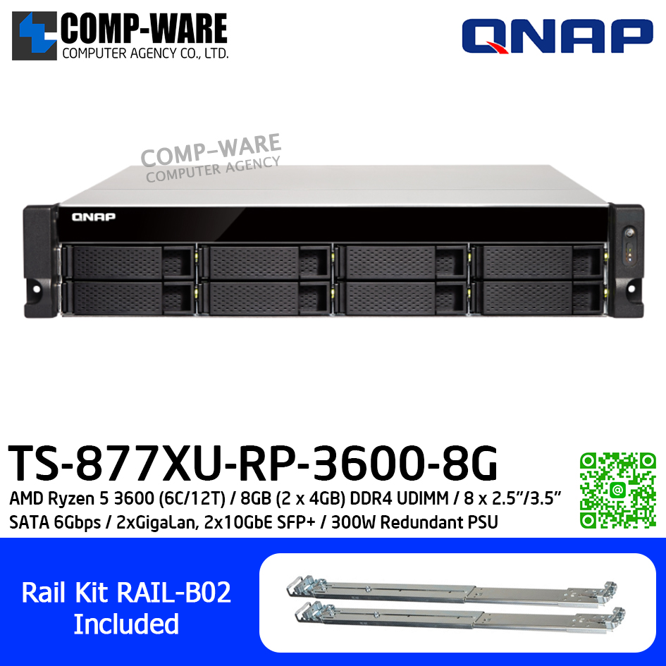 QNAP (2U 8-Bay) TS-877XU-RP-3600-8G / AMD Ryzen 5 3600 (6C/12T) / 8GB (2 x 4GB) DDR4 UDIMM / 8 x 2.5"/3.5" SATA 6Gbps / 2xGigaLan, 2x10GbE SFP+ / 300W Redundant PSU / 3Y Warranty / No HDD / Rail kit RAIL-B02