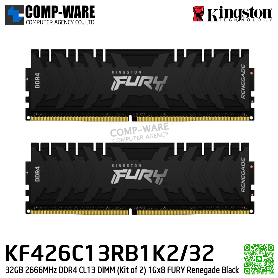 Kingston KF426C13RB1K2/32 32GB 2666MHz DDR4 CL13 DIMM (Kit of 2) 1Gx8 FURY Renegade Black - Lifetime Warranty - Memory Module - RAM