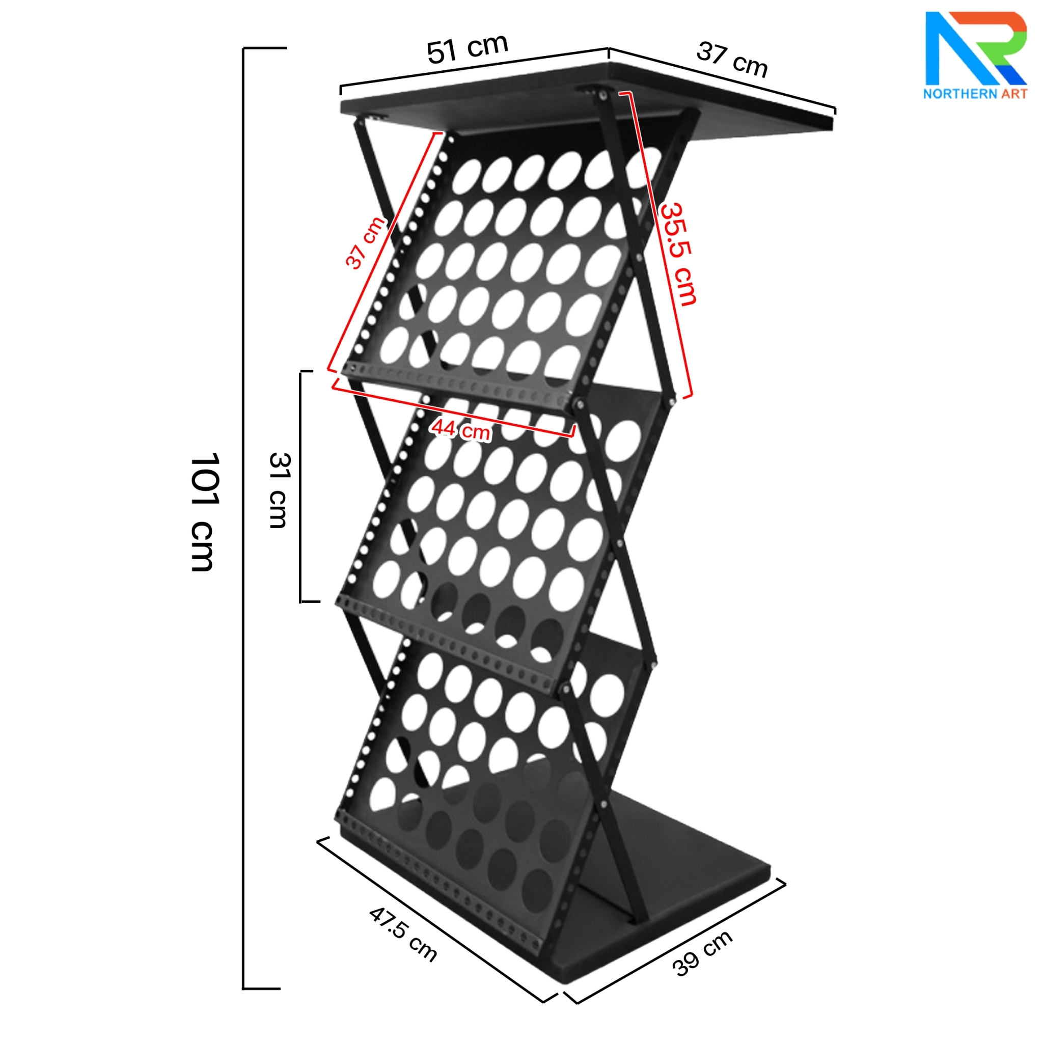 ชั้นวางโบรชัวร์เหล็กพร้อมTOPไม้สีดำ พับเก็บได้ ช่องใส่โบชัวร์ ขนาด A3 มี 3 ช่อง