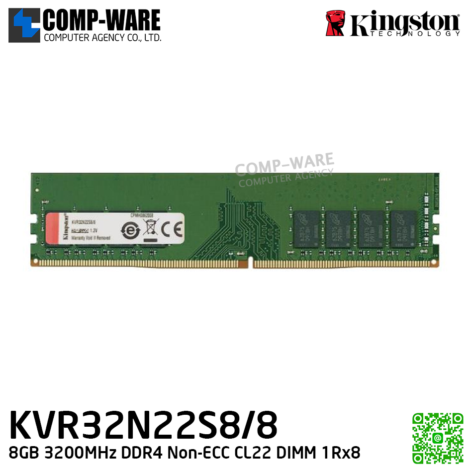 Kingston KVR32N22S8/8 8GB 3200MHz DDR4 Non-ECC CL22 DIMM 1Rx8 - Lifetime Warranty - Memory Module - RAM