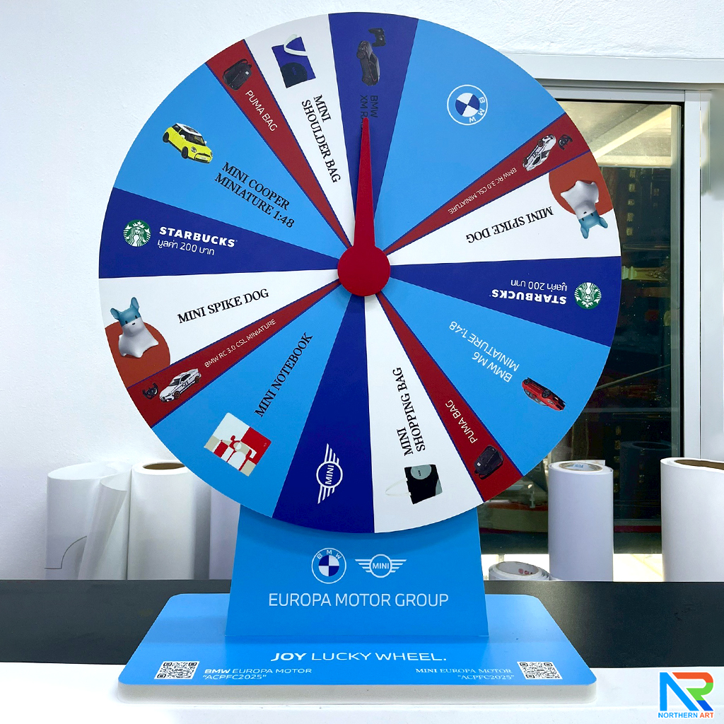 เกมส์วงล้อตั้งโต๊ะ ขนาดวงล้อ 50 ซม. สูง 61.5 ซม. วัสดุพลาสวูดสีขาว หนา 8-15 มม. ถอดประกอบได้