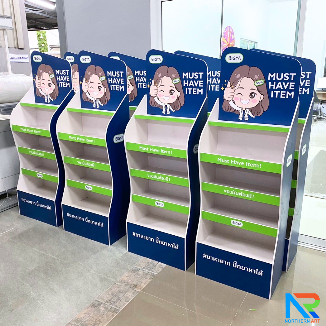 ชั้นวางสินค้าพลาสวูด 5 ชั้น ขนาด (W)50 x (D)30 x (H)150 ซม. พลาสวูดสีหนา 8 มม. พร้อมงานพิมพ์