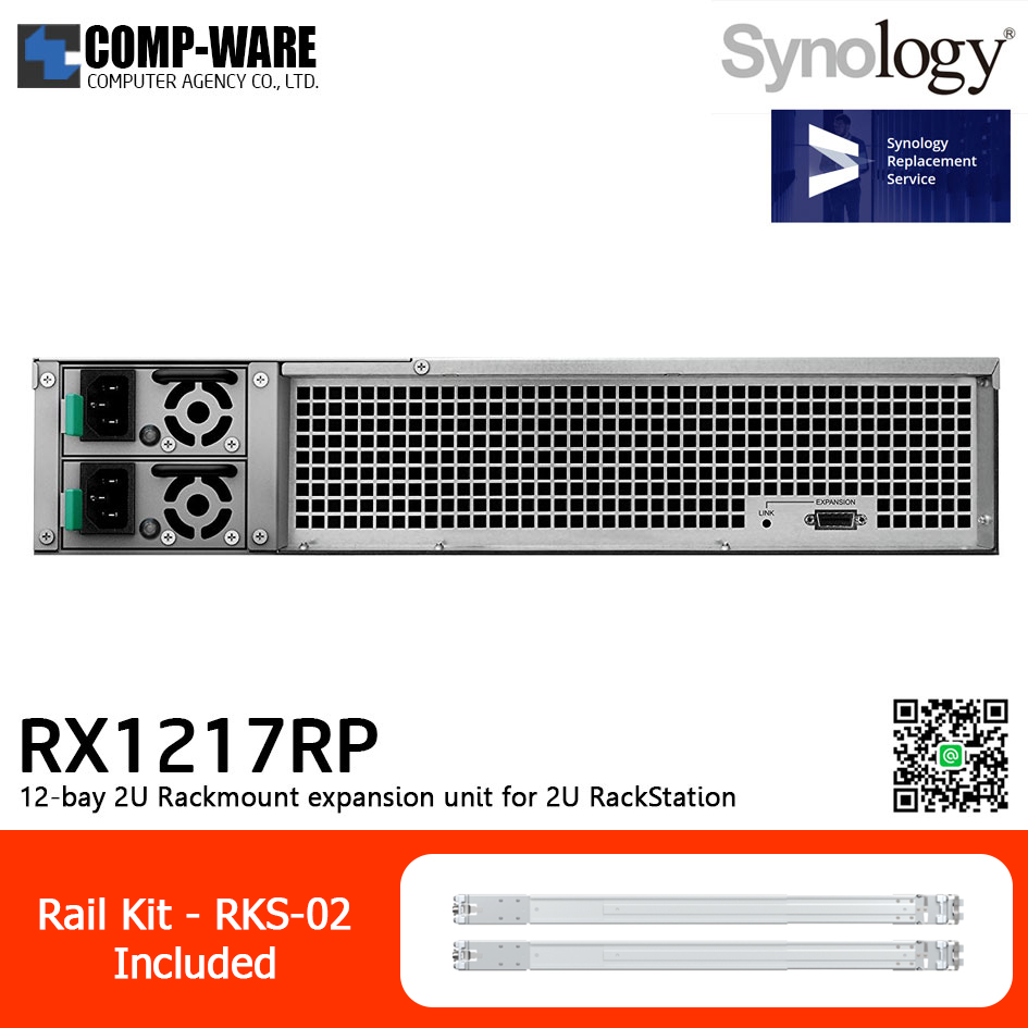Synology Expansion Unit (2U 12-Bay) RX1217RP / Rail Kit RKS-02 / No HDD / 5 Year Warranty