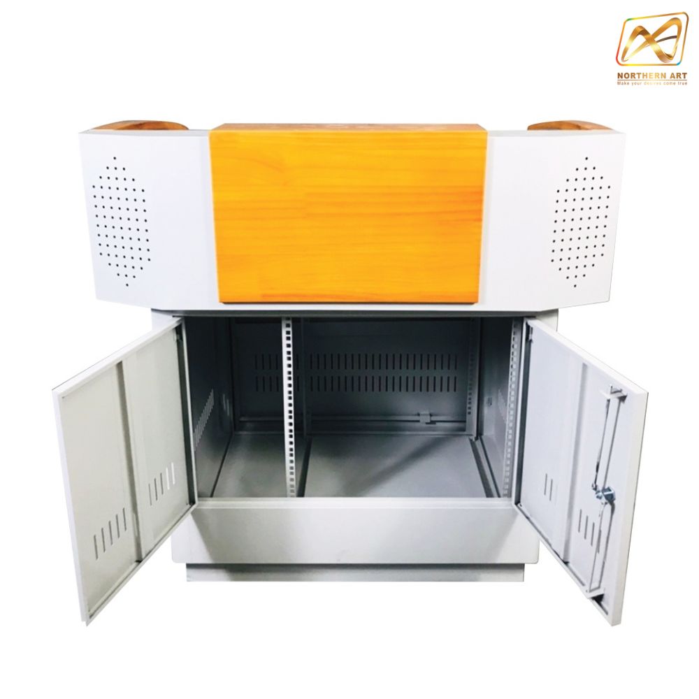 โพเดียมโรงเรียน โพเดียมเหล็ก โพเดียมอาจารย์ โพเดียมเลคเชอร์ ขนาด 100X70 cm.TOPไม้ พร้อมลิ้นชัก (สินค้าตัวโชว์)