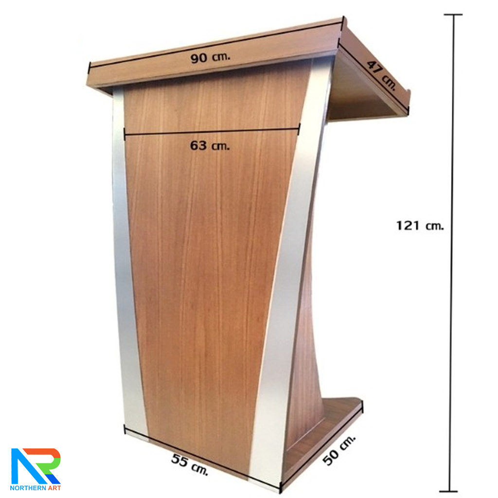 โพเดียมไม้ ยืนคู่ สีสัก พร้อมแถบสีบรอนซ์ด้านข้าง ขนาด(W)90 x (L)47 x (H)121 ซม.