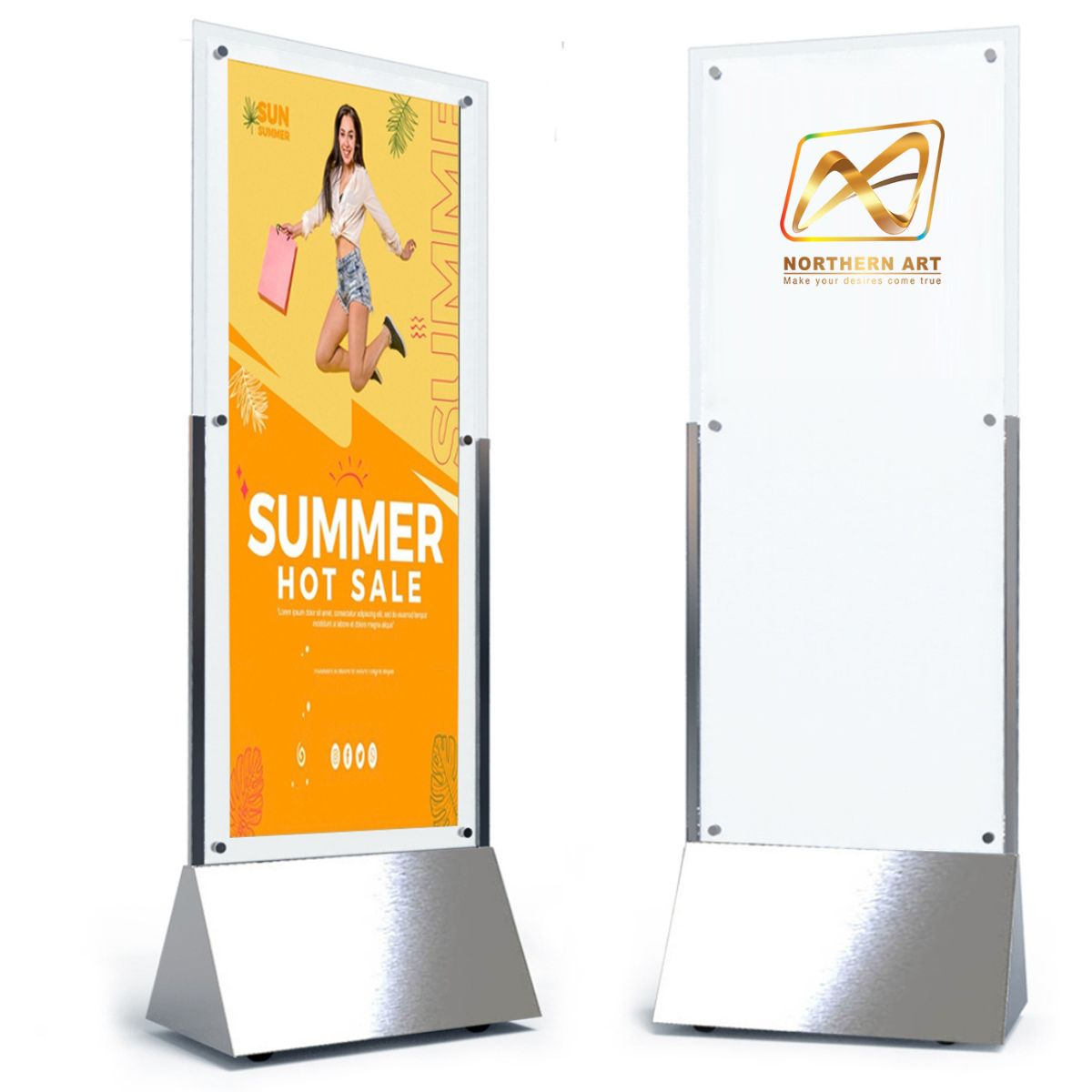 ป้ายตั้งพื้น โปสเตอร์สแตนด์ตั้งพื้น ฐานสแตนเลส (W)55 x (D)35 X (H)180 cm. โชว์งานพิมพ์ได้ 2 ด้าน