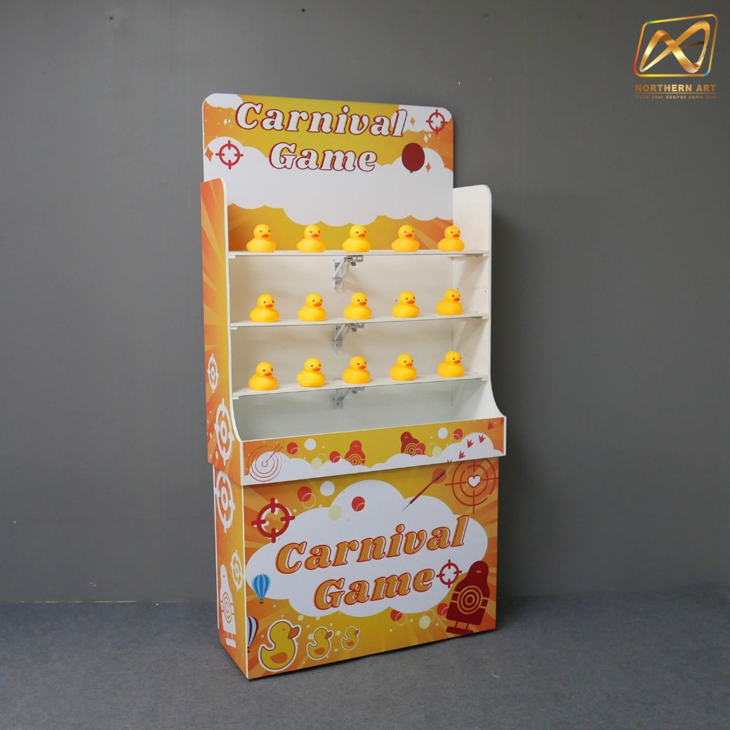 เช่าเกมส์ปาเป็ด ขนาดโครง (W) 90 x (L)36 x (H)180 cm. พร้อมเป็ดยาง 15 ตัว และบอลโฟม 12 ลูก