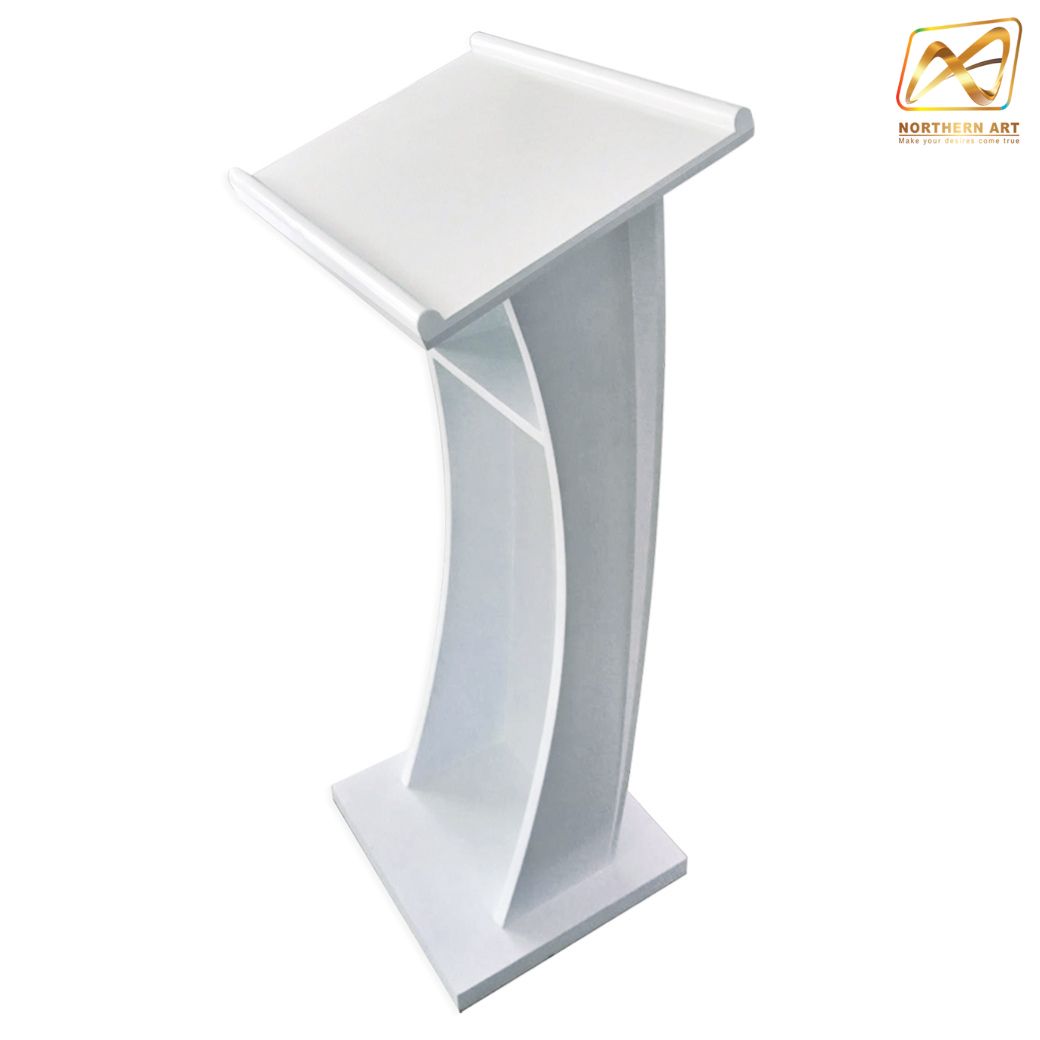 โพเดียมไม้ สีขาว ทรงโค้ง ขนาด (W) 50 x (L) 40 x (H) 120 cm. สไตล์โมเดิร์น พร้อมชั้นวางของ