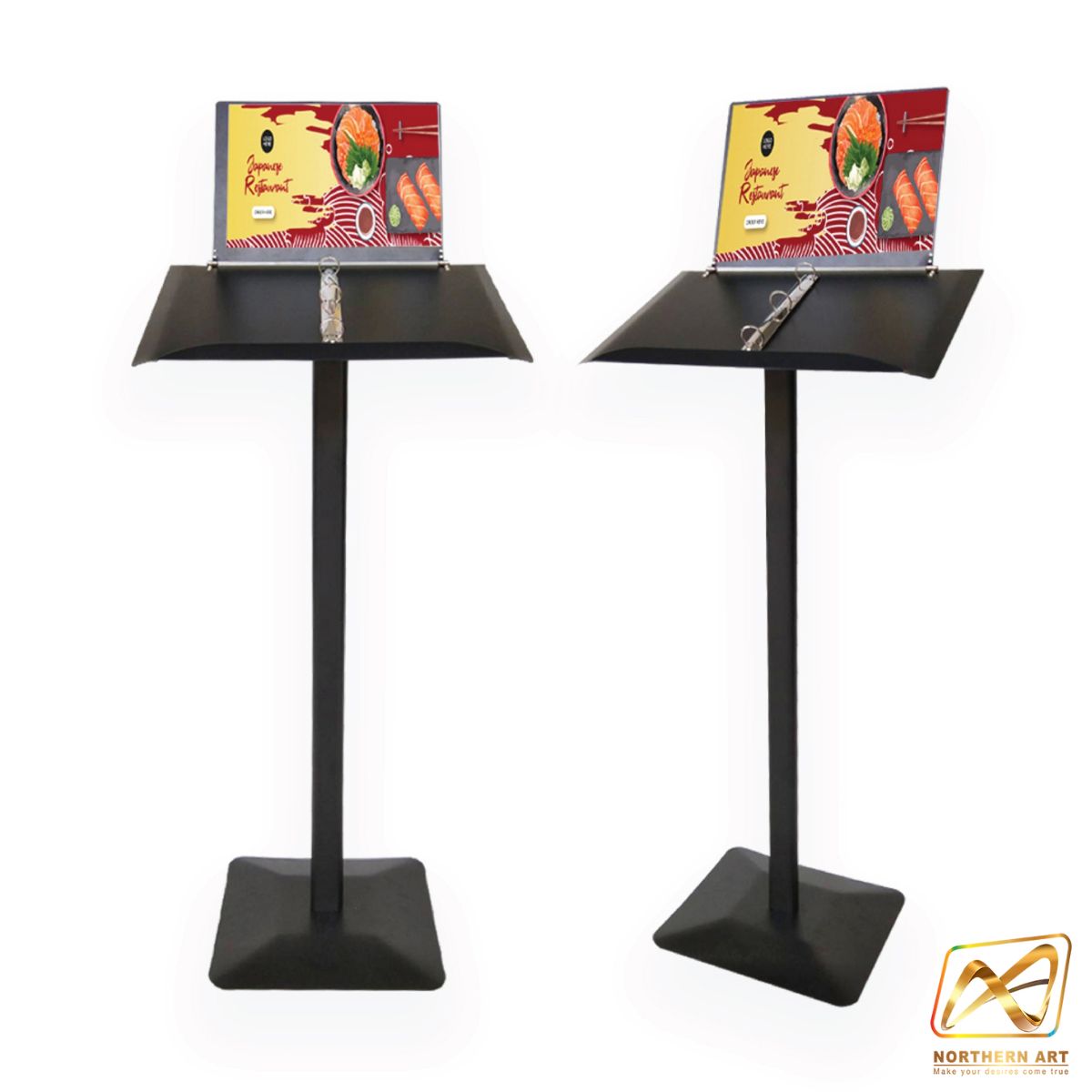 CLEARANCE SALE! เมนูสแตนด์เหล็ก ขนาด A3 พร้อมป้ายโปสเตอร์ด้านบนขนาดA4 พร้อมสันห่วงสแตนเลส (ถอดออกได้) มี2สี สีขาว และสีดำ